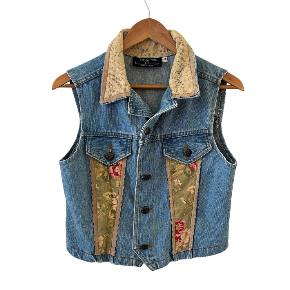Patricia Wolf Denim Floral Vest Womens M Blue Western Tapestry Boho Cowboy